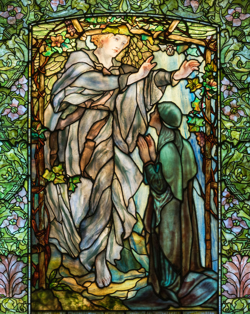 photo of a restored stained glass window at the Arlington Street Church